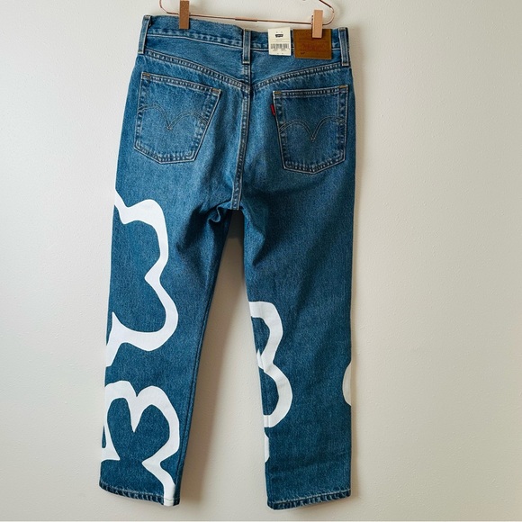 New Levi's 501 Crop high rise straight leg blue 100% cotton Floral print Jeans - Picture 8 of 10